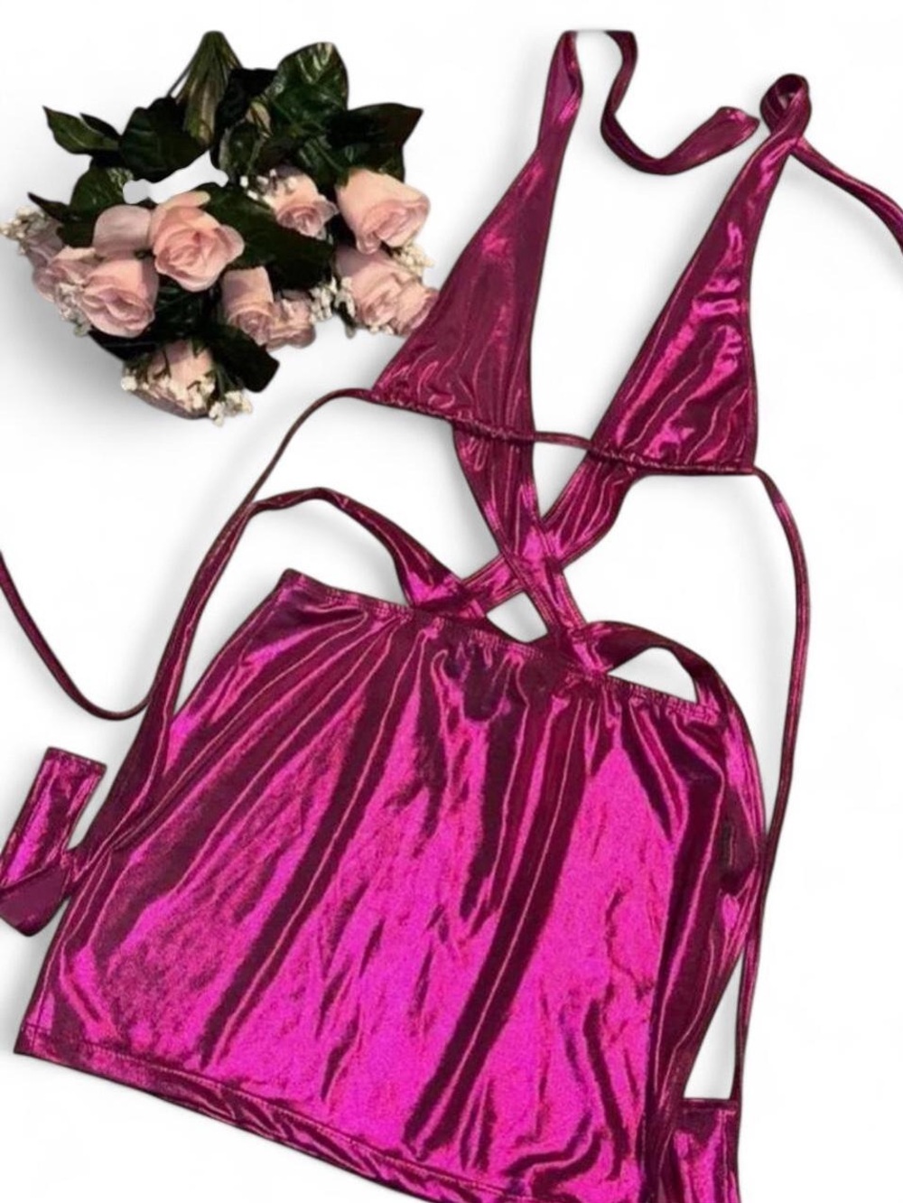Metallic Fuchsia Halter Cutout Mini Dress